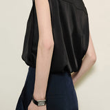 Mixed Material Side Slit Placket Satin Shirt