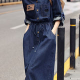 Casual Lapel Drawstring Tie Long Sleeve Denim Dress