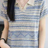 Elegant Commuter Lapel Color Block Hollow-Out Tencel Lyocell Knit Top