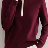Gentle Commuter Contrast Half-Zip Lapel Knit Top