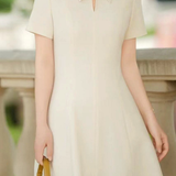 Elegant Commuter V-Neck Pearl Button Waist-Cinched Dress