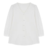 Scalloped V-Neck Button Decor Embroidered Blouse