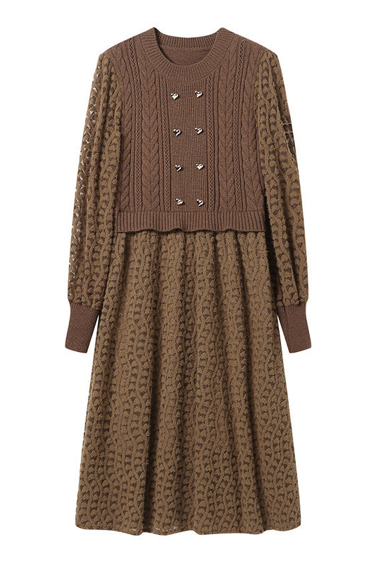 Mixed Material Heart Double Button Knit Dress - 3 Colors Available - liwisi