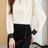 Front Cut-Out Long Sleeve Satin Blouse - 2 Colors Available