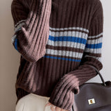 Vintage Commuter Vertical Rib Mock Neck Striped Knit Top