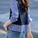 Elegant Commuter Fake Two‑Piece Crew Neck Plaid Long‑Sleeve Shirt
