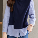 Knit‑Spliced Fake Two‑Piece Stripe Shirt
