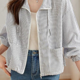 Casual Stripe Zip‑Up Long‑Sleeve Coat