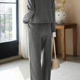 Two-Piece Set: Layered Look Skipper Collar Long Sleeve Top + Training Style Long Wide Pants