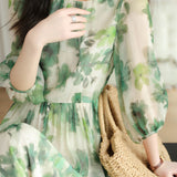 Art Flower Print Gathered Puff Dress with Lining