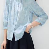 French Elegant Ruffle Collar Single-breasted Printed Mid-sleeve Blouse