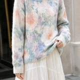 Casual Crew Neck Blurred Floral Long‑Sleeve Knit Top