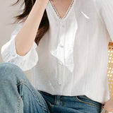 Scalloped V-Neck Button Decor Embroidered Blouse