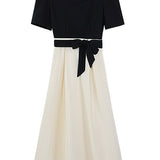 Bi-Color Square Neck Tie-Belted Flare Dress with Lining