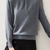 Elegant Knit Sweater With Ruffled Mock Neck And Bead Embellishment
