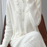 Gentle Knit Cardigan With Small Stand Collar And 3D Floral Ornaments