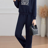 Casual Fake Lapel Printed Sweatshirt & High Waist Elastic Wide Leg Pants Set