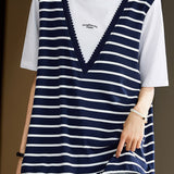 Casual Commuter V-neck Stripe Fake Two-piece T-shirt