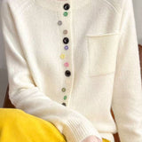 Elegant Round Neck Irregular Color Button Knit Cardigan