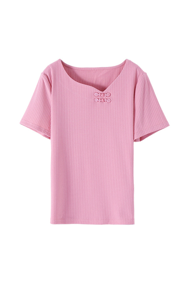 アシンメトリーVネックボタン装飾Tシャツ - liwisi