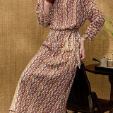 Vacation Vintage Abstract Print Tie‑Waist Dress