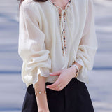 Exquisite Elegant V‑Neck Tie Beaded Long‑Sleeve Shirt