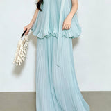 Casual Vacation Sleeveless Tank Top And Pleated Midi Skirt Set