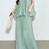 Casual Vacation Sleeveless Tank Top And Pleated Midi Skirt Set