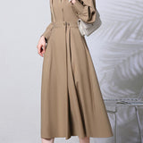 Elegant Commuter Lapel Waist-Cinched Long-Sleeve Shirt Dress
