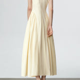 Key Neck Side Gathered Long Flare Dress with Lining