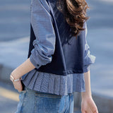 Elegant Commuter Fake Two‑Piece Crew Neck Plaid Long‑Sleeve Shirt