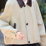 Casual Color‑Block Faux Leather Collar Zip‑And‑Button Long‑Sleeve Jacket