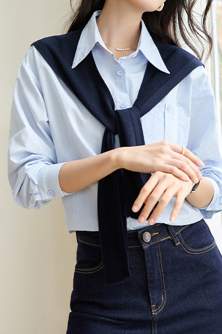 二点セット　シンプルデザイン長袖シャツ＋プレーン羽織りウールニットストール　3色入 - liwisi