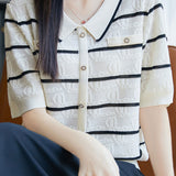 Elegant Commuter Tencel Stripe Jacquard Lapel Knit Top