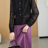 Round Neck Openwork Long Sleeve Cardigan with Lining - 2 Colors Available