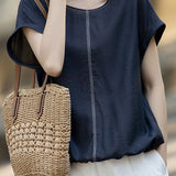 Casual Topstitch Color Contrast Drawstring Hem Top