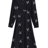 V-Neck Lavender Embroidered Tie Belted Dress