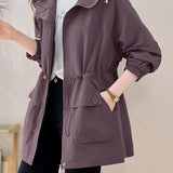 Casual Hooded Zip‑Up Drawstring Elastic Waist Trench Coat