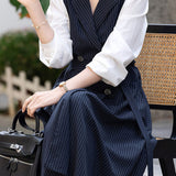 Exquisite Commuter Faux Two-Piece Vertical Striped Lapel Double-Breasted Dress