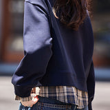 Casual Crew Neck Plaid Spliced Long Sleeve Sweatshirt