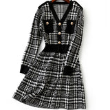 Chanel-style V-neck Houndstooth Knit Dress - 2 Colors Available