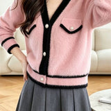 Exquisite Elegant V‑Neck Color‑Block Long‑Sleeve Knit Cardigan