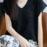 Fresh V-Neck Jacquard Ruffled Blouse