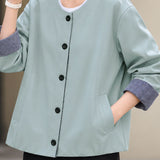 Casual Round Neck Plaid Cuff Long Sleeve Jacket