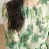 Art Flower Print Gathered Puff Dress with Lining