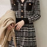 Chanel-style V-neck Houndstooth Knit Dress - 2 Colors Available