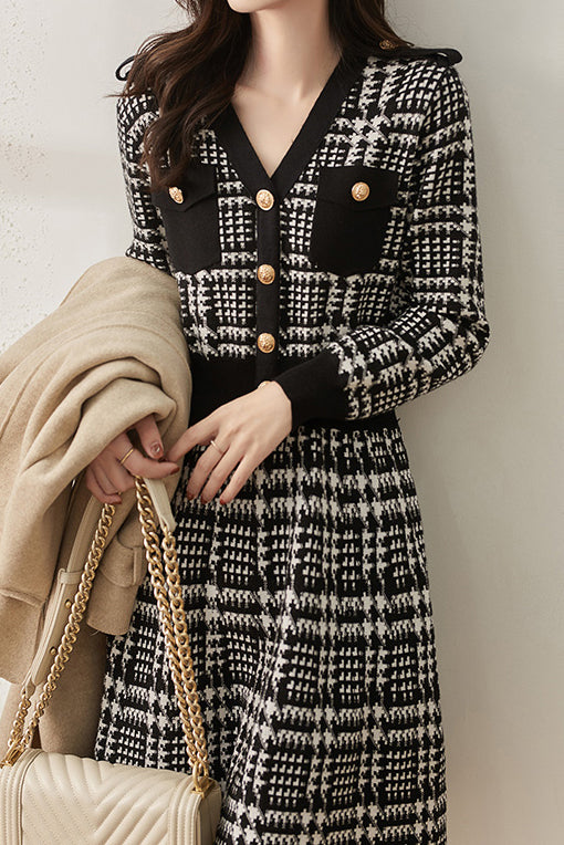 Elegant V-neck Houndstooth Knit Dress - 2 Colors Available - liwisi