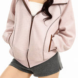 Casual Color Contrast Stitched Hooded Zipper Long Sleeve Coat