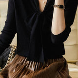 V-Neck Ribbon Tie Wool-Like Knit - 5 Colors Available