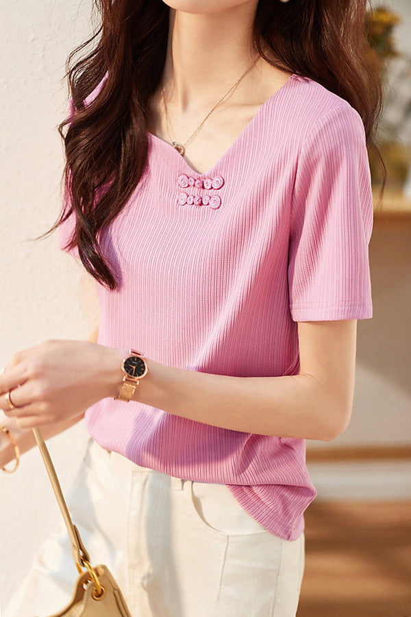 アシンメトリーVネックボタン装飾Tシャツ - liwisi